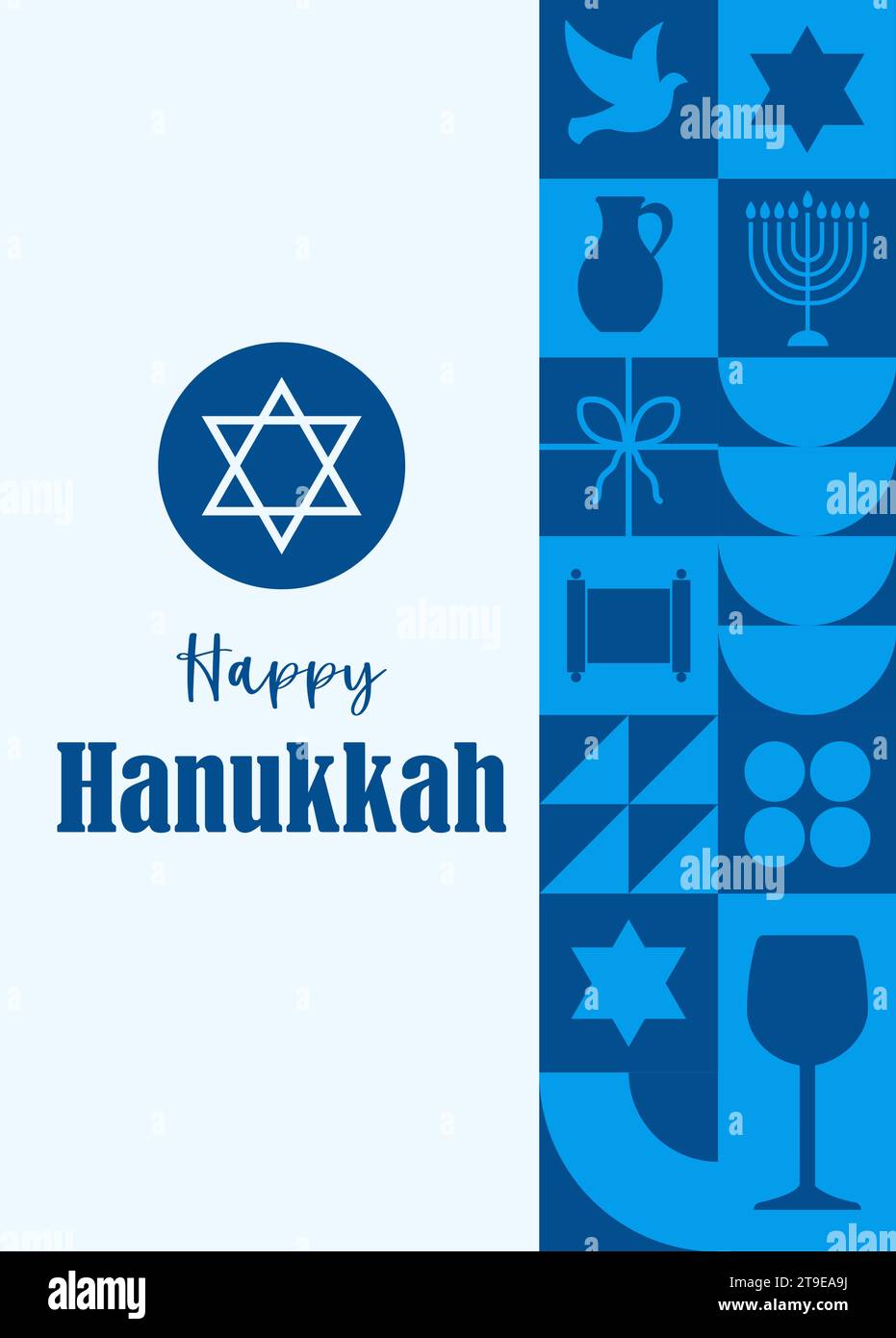 Felice cartolina di Hanukkah. Poster minimalista dal design geometrico anni '20 con elementi dalle forme tradizionali blu. Modello geometrico neo. Vettore Illustrazione Vettoriale