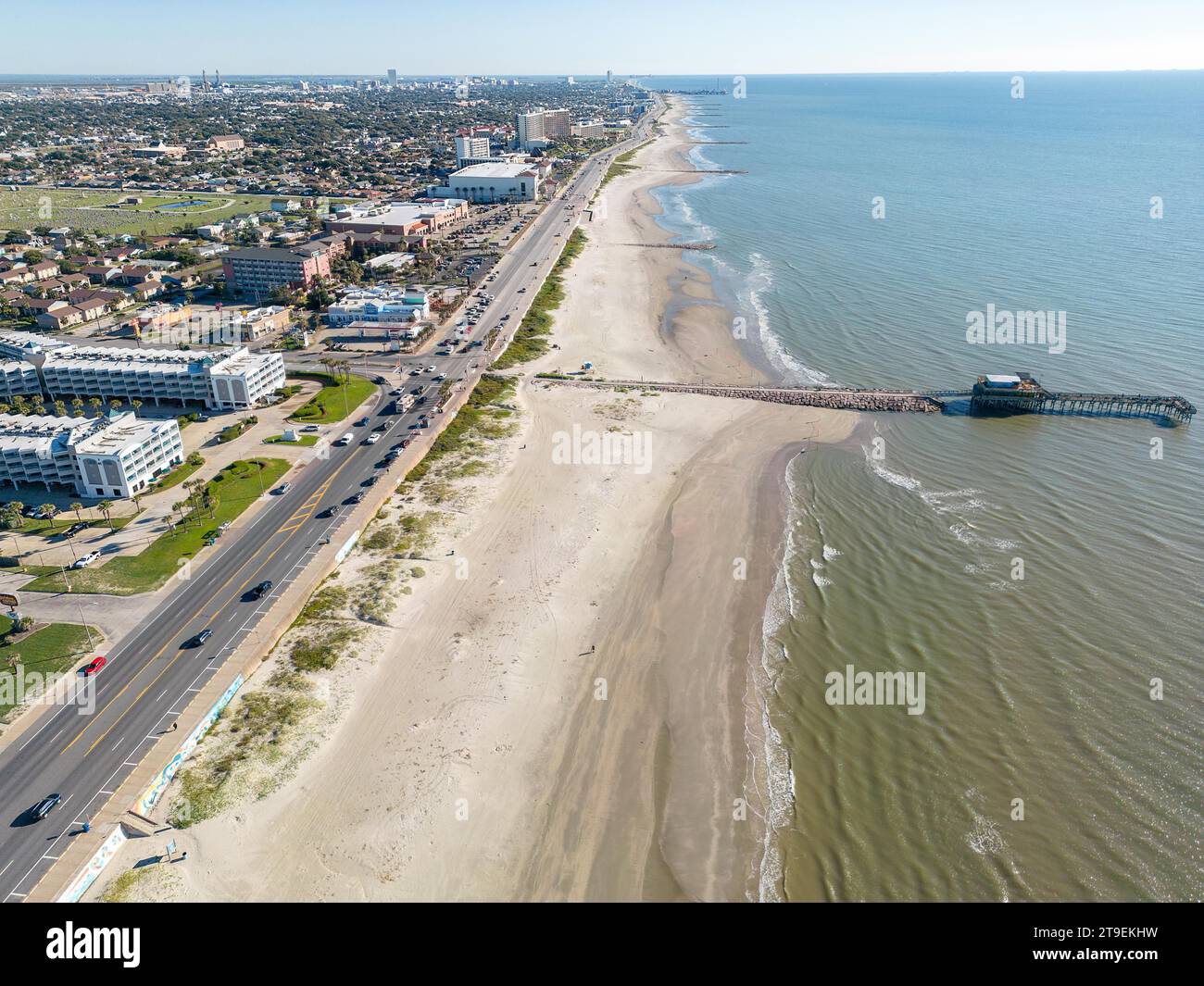 Vista aerea di Galveston Beach, Golfo del Messico, Texas, Stati Uniti, Nord America Foto Stock