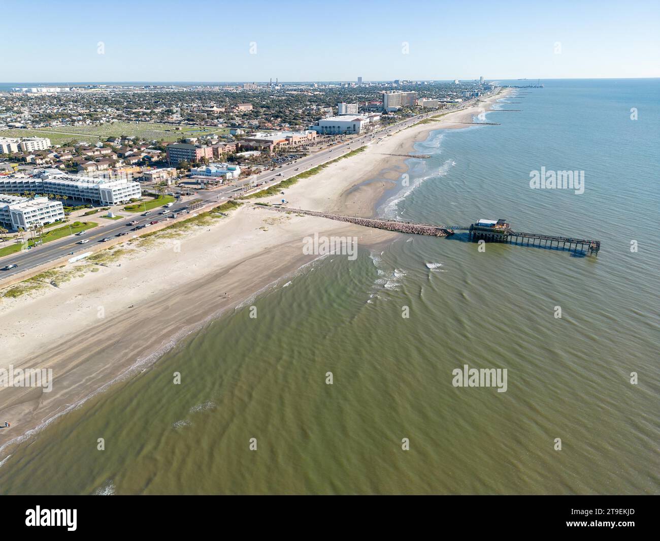 Vista aerea di Galveston Beach, Golfo del Messico, Texas, Stati Uniti, Nord America Foto Stock