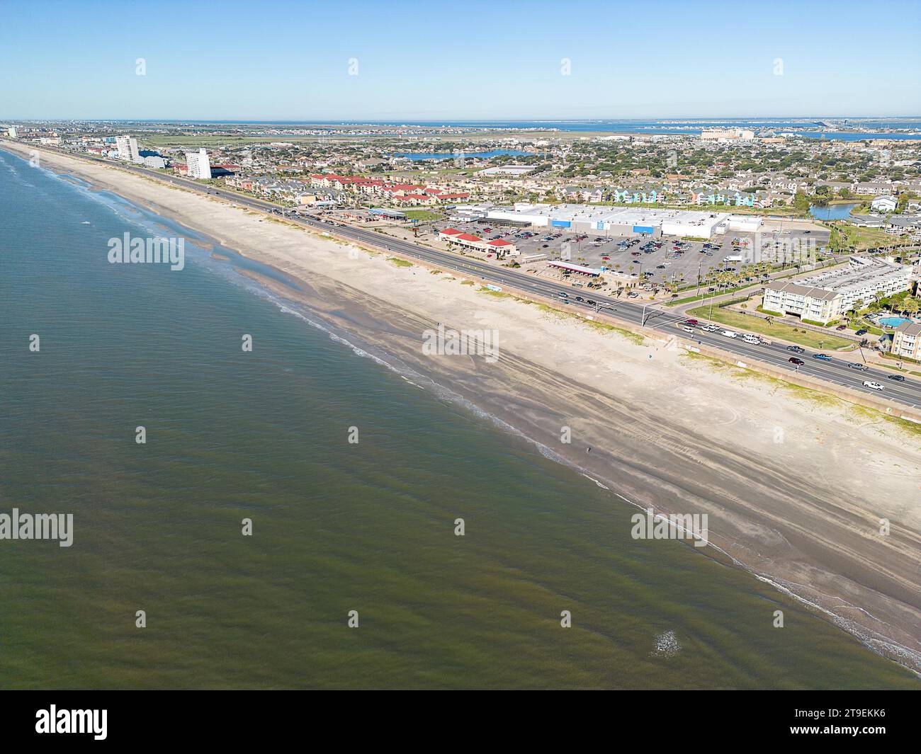 Vista aerea di Galveston Beach, Golfo del Messico, Texas, Stati Uniti, Nord America Foto Stock