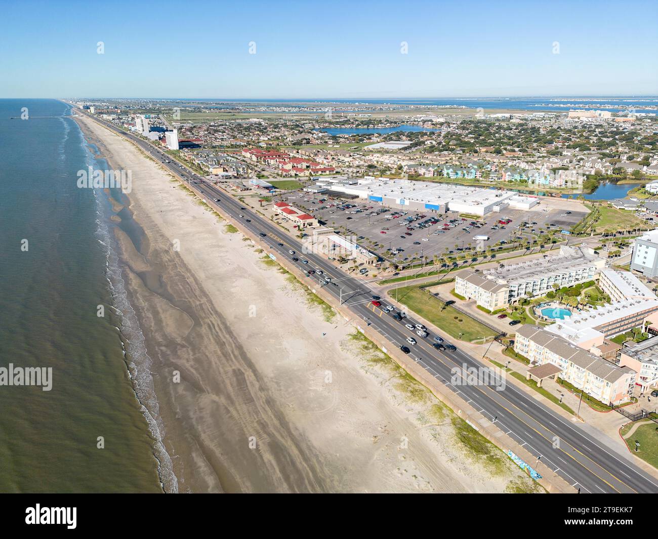 Vista aerea di Galveston Beach, Golfo del Messico, Texas, Stati Uniti, Nord America Foto Stock