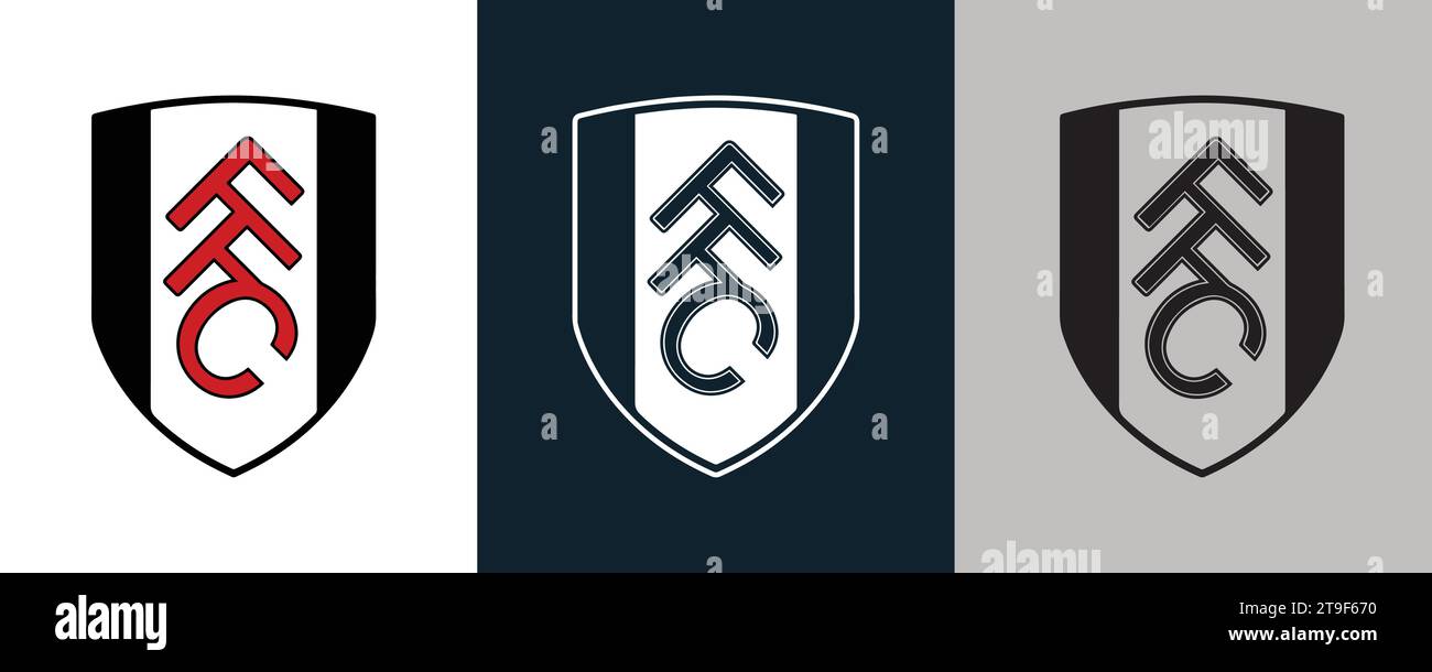Fulham FC colore bianco e nero Logo a 3 stili squadra di calcio professionale inglese illustrazione vettoriale immagine astratta modificabile Illustrazione Vettoriale