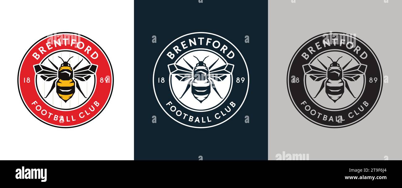 Brentford FC colore bianco e nero Logo a 3 stili squadra di calcio professionale inglese illustrazione vettoriale immagine astratta modificabile Illustrazione Vettoriale
