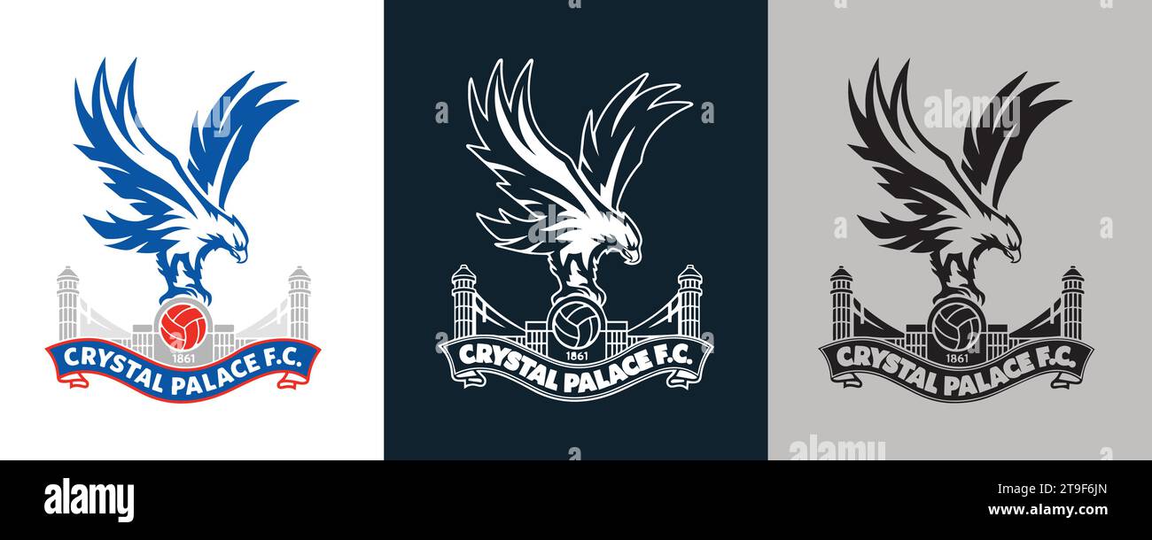 Crystal Palace FC colore bianco e nero Logo a 3 stili squadra di calcio professionale inglese illustrazione vettoriale immagine astratta modificabile Illustrazione Vettoriale