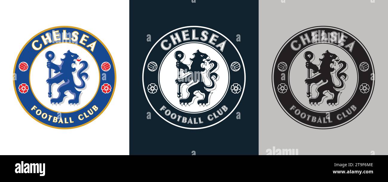 Chelsea FC colore bianco e nero Logo a 3 stili squadra di calcio professionistica inglese, illustrazione vettoriale immagine astratta Illustrazione Vettoriale