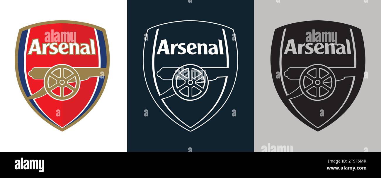 Arsenal FC colore bianco e nero Logo a 3 stili squadra di calcio professionistica inglese, illustrazione vettoriale immagine astratta Illustrazione Vettoriale
