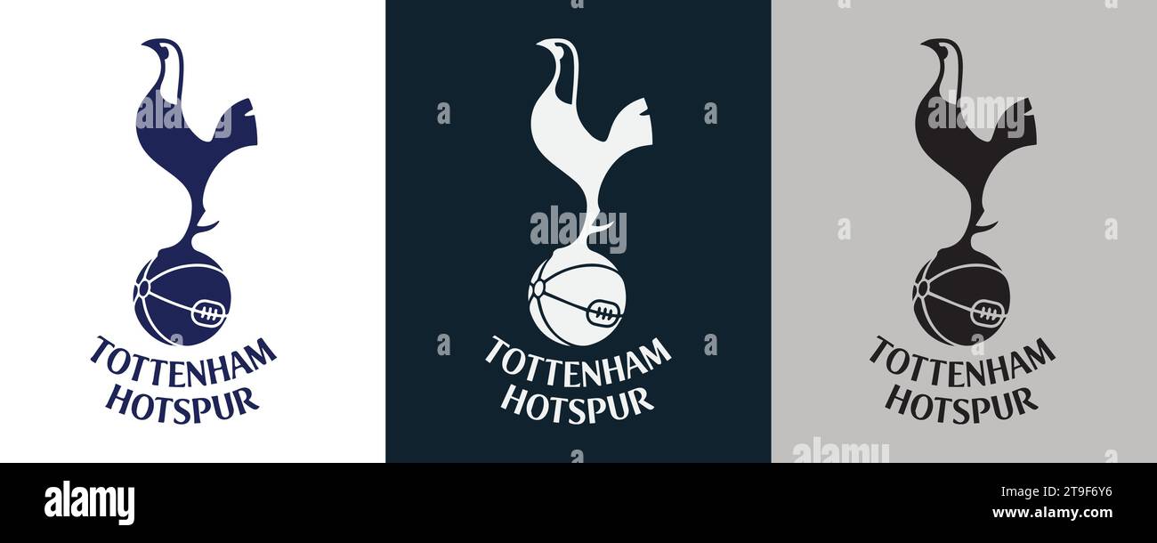 Tottenham Hotspur FC colore bianco e nero Logo a 3 stili squadra di calcio professionistica inglese, illustrazione vettoriale immagine astratta Illustrazione Vettoriale