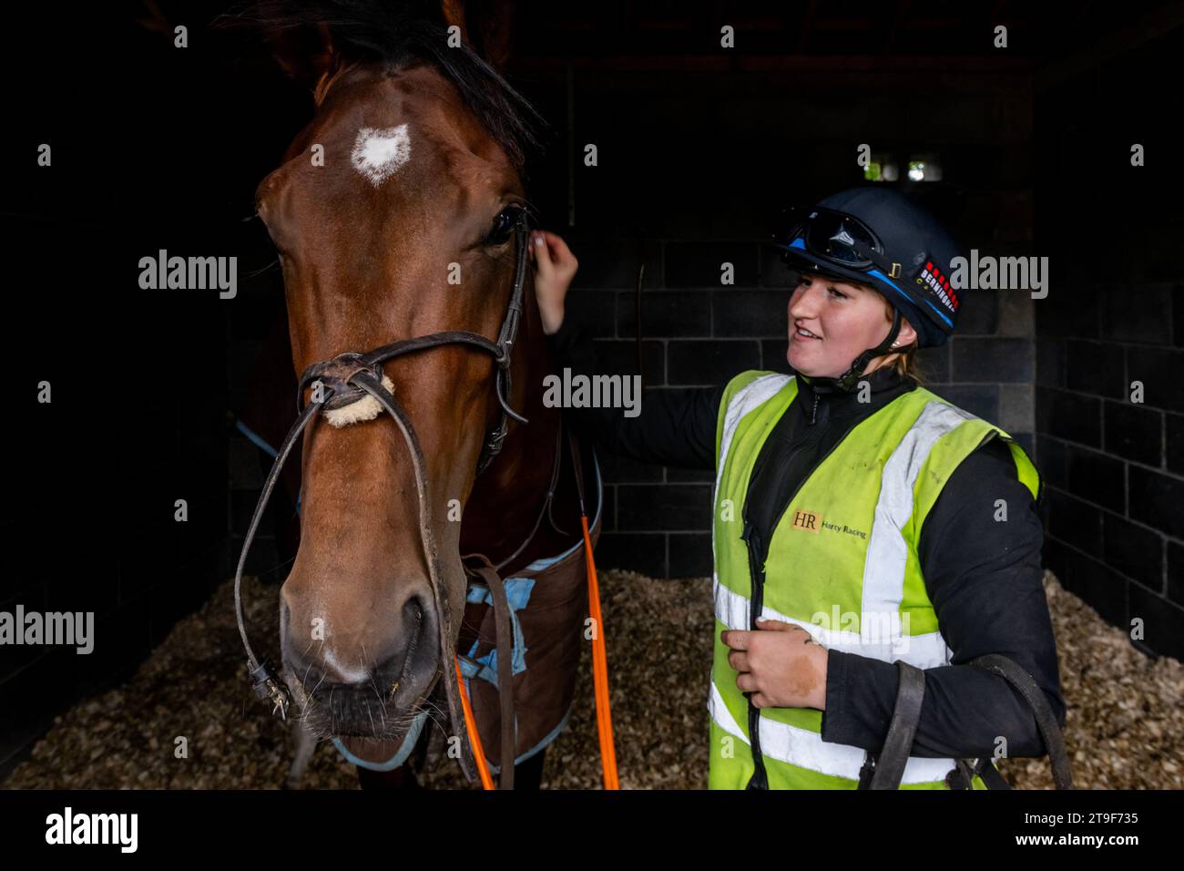 Bermingham Cameras sponsorizzò il cavallo Harty Racing 'Casapullaa' attende Alexandra Egan per prepararlo a una sessione di allenamento sul galoppo al Curra Foto Stock