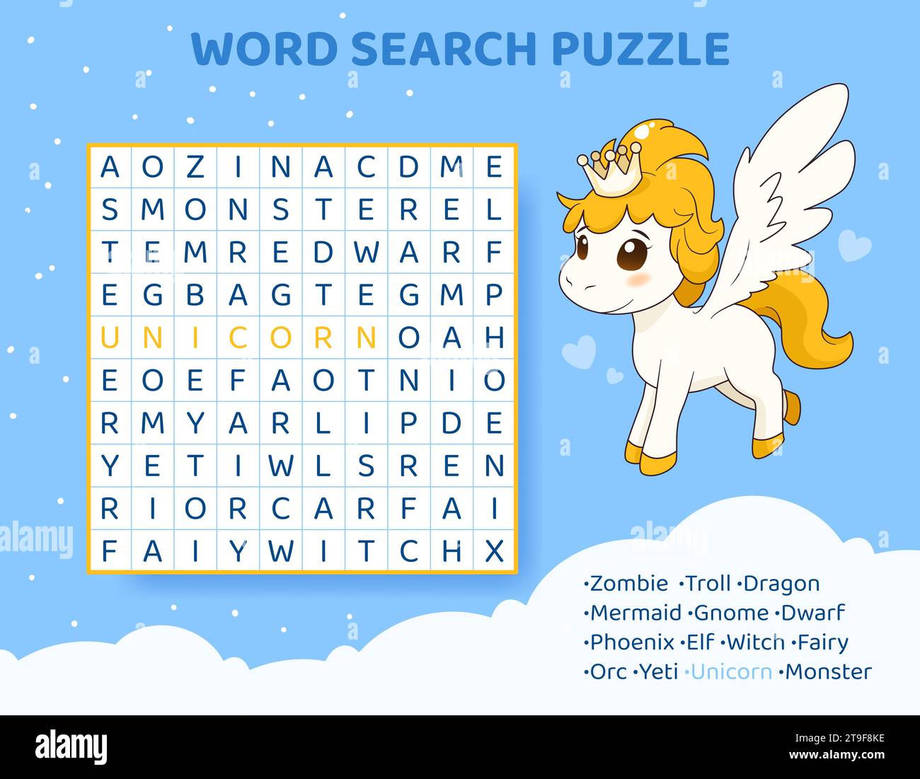 Puzzle di ricerca per parole con creature e animali magici. Illustrazione Vettoriale