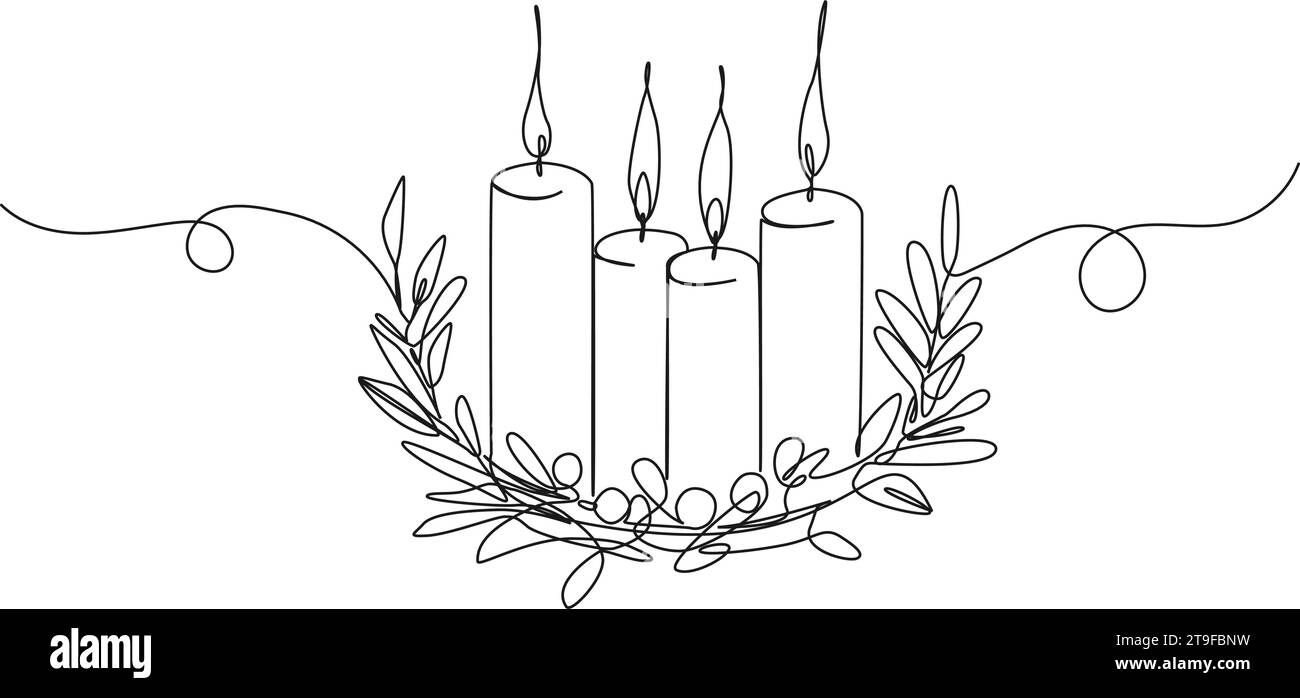 disegno continuo a linea singola della corona dell'avvento con quattro candele in fiamme, illustrazione vettoriale della linea di natale Illustrazione Vettoriale