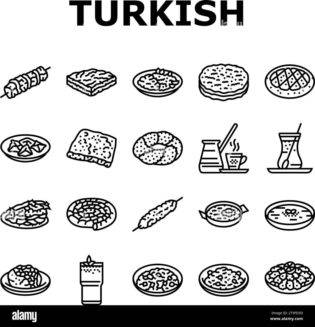 le icone dei pasti gastronomici della cucina turca sono vettoriali Illustrazione Vettoriale