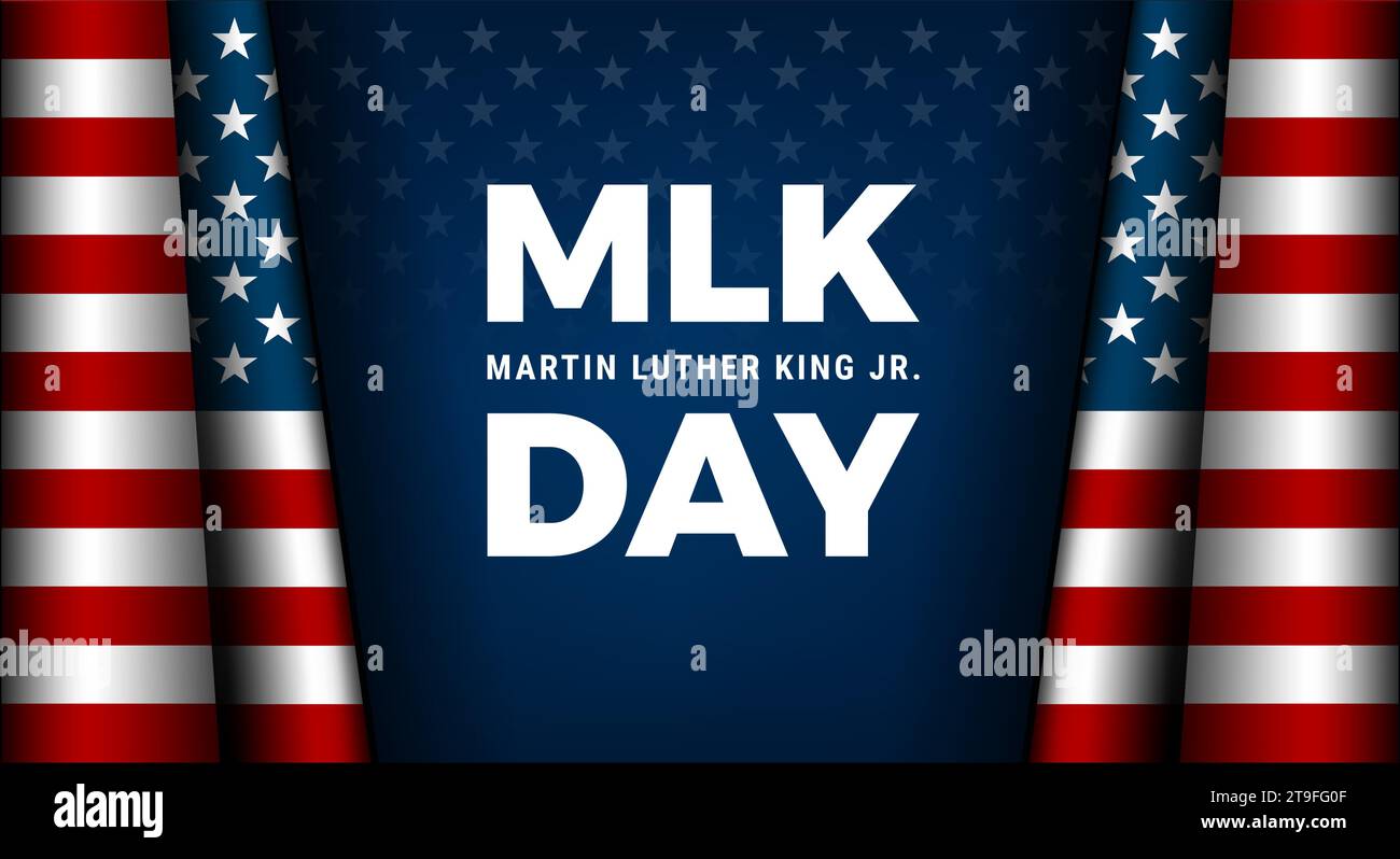 Tipografia del giorno MLK design del biglietto d'auguri. Martin Luther King Jr. Lettere del giorno e bandiera degli Stati Uniti, sfondo vettoriale blu scuro Illustrazione Vettoriale