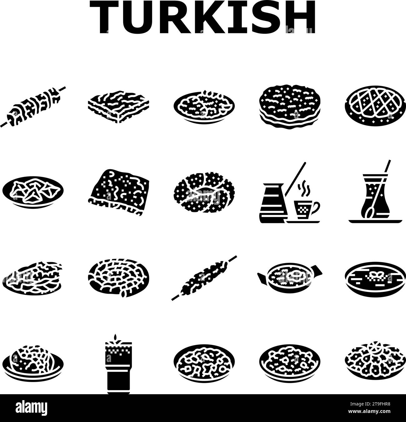 le icone dei pasti gastronomici della cucina turca sono vettoriali Illustrazione Vettoriale