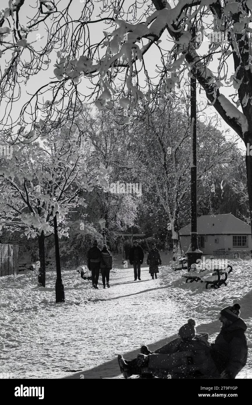 Le persone passeggiano lungo un sentiero innevato, ammirando il paesaggio invernale. Un genitore e un bambino si sono divertiti felicemente in primo piano, Harrogate, Yorkshire, Regno Unito. Foto Stock