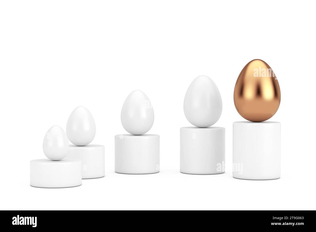 Uova bianche e un uovo d'oro sopra i grafici a barre di avanzamento su sfondo bianco. Rendering 3D. Foto Stock