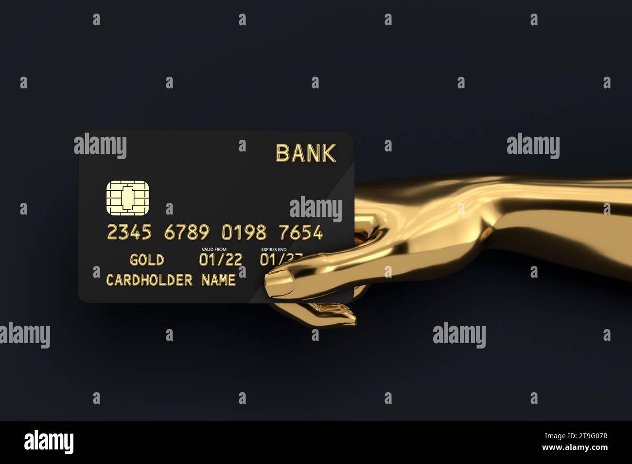 Carta di credito dorata in plastica nera con mano astratta Chip in oro su sfondo nero. Rendering 3D. Foto Stock