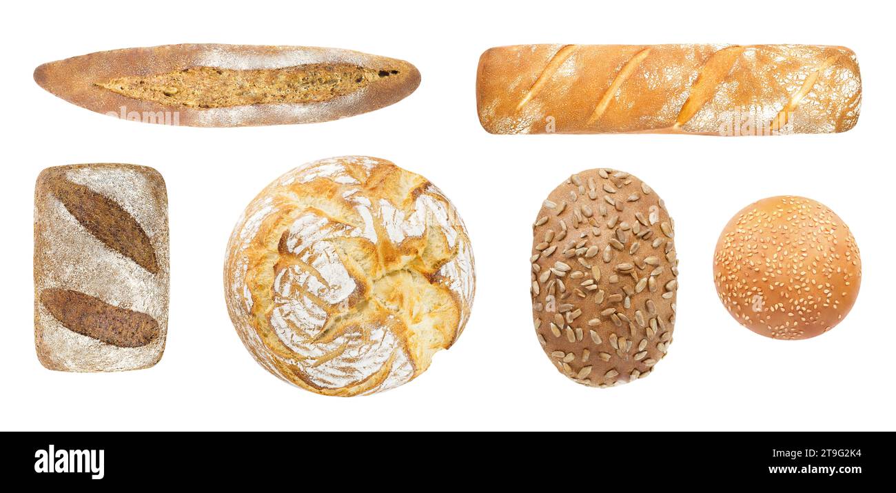 Prodotti da forno, set di pane bianco e scuro, vista dall'alto, isolato su sfondo bianco Foto Stock