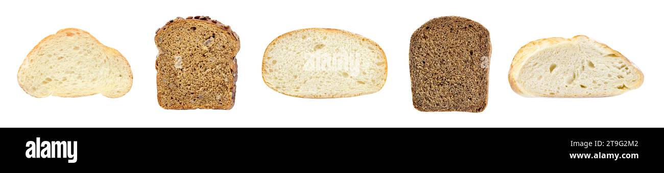 Prodotti da forno per cuocere a fette, set di pane bianco e scuro, isolati su fondo bianco Foto Stock