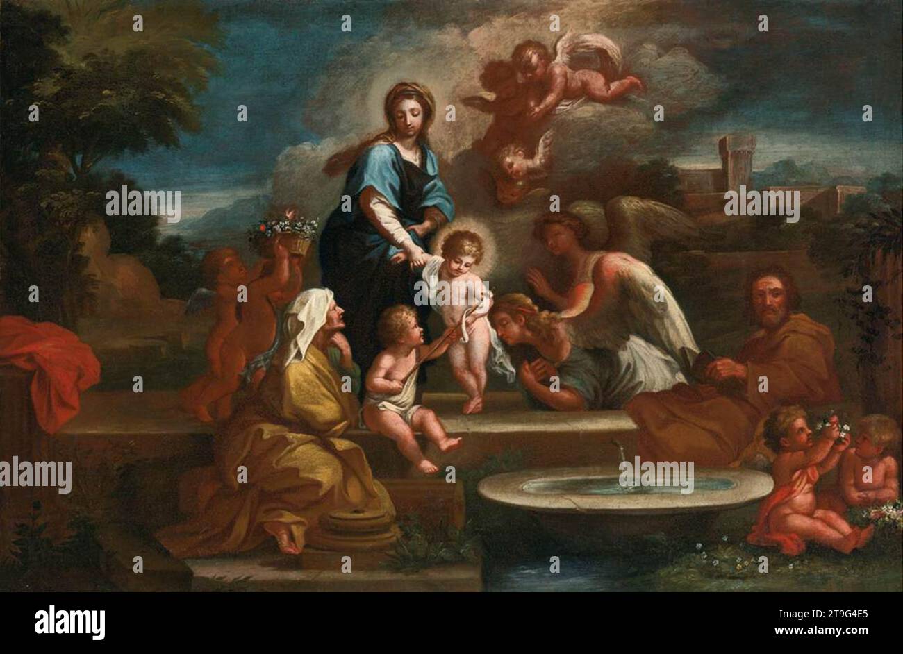 Sacra famiglia con Angeli in un paesaggio - di Luigi Garzi Foto Stock