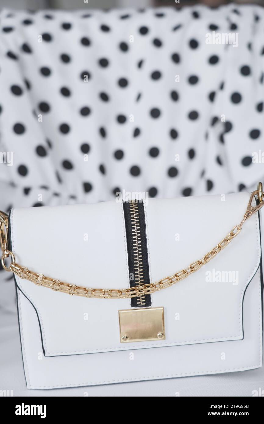 Un set esclusivo di una piccola borsa a bustina bianca con catena dorata e una blusa bianca con marchio con puntini neri, un set romantico, moda femminile, bellezza Foto Stock