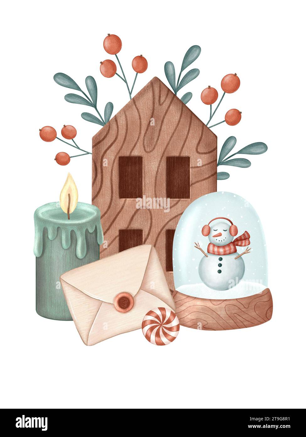 Composizione di pastelli natalizi con oggetti stagionali dipinti a mano: Casa in legno, uomo di neve nel globo di neve, lettera, candela, lecca lecca. Per il biglietto, stampa Foto Stock