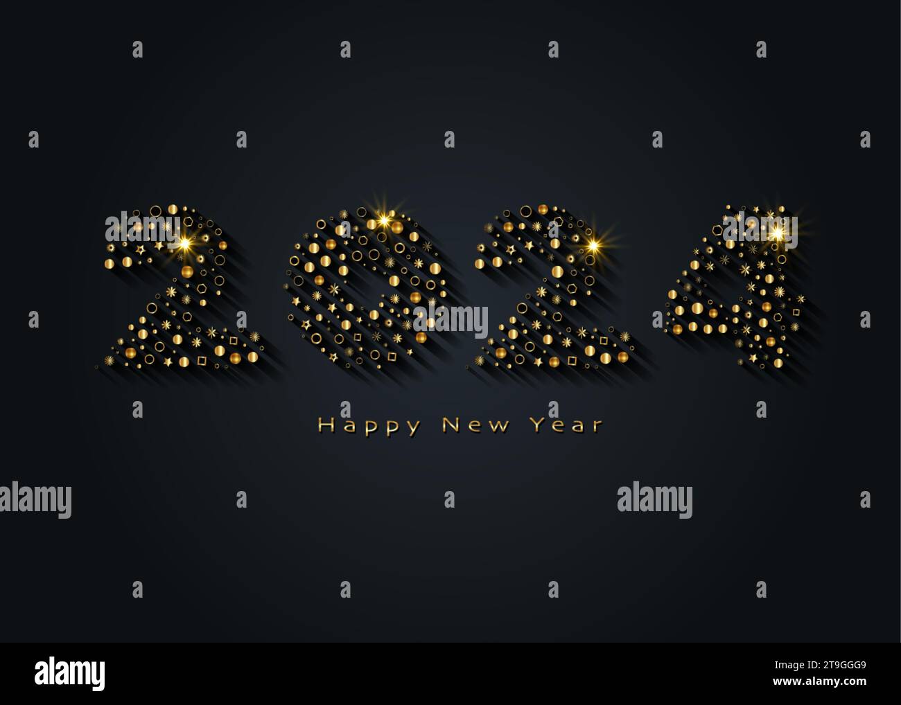 Design del logo dell'oro per il Capodanno 2024. Biglietto d'auguri per le festività. Numero di lusso in tessere a mosaico. Illustrazione vettoriale per invito, calendario, festa, festa Illustrazione Vettoriale