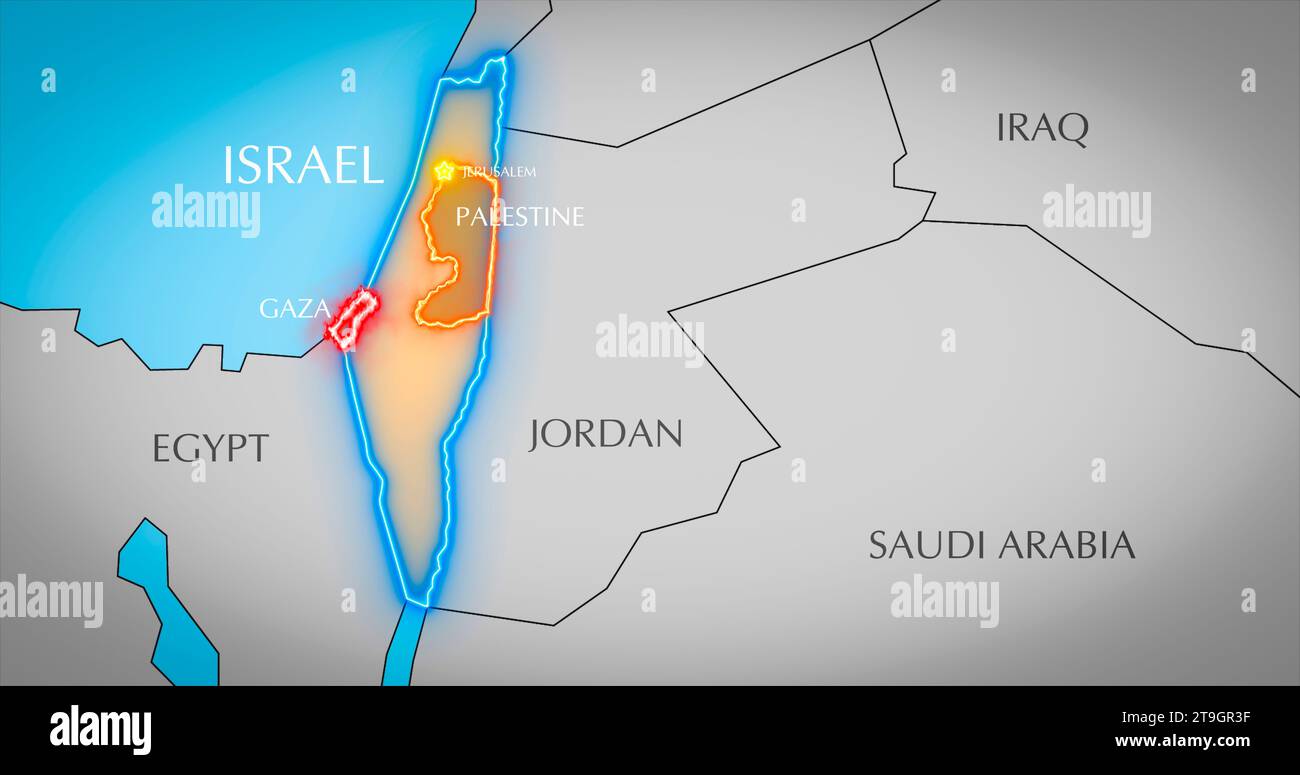 Mappa di Israele, Palestina e Striscia di Gaza. Conflitto tra Israele e Hamas nella Striscia di Gaza. Foto Stock