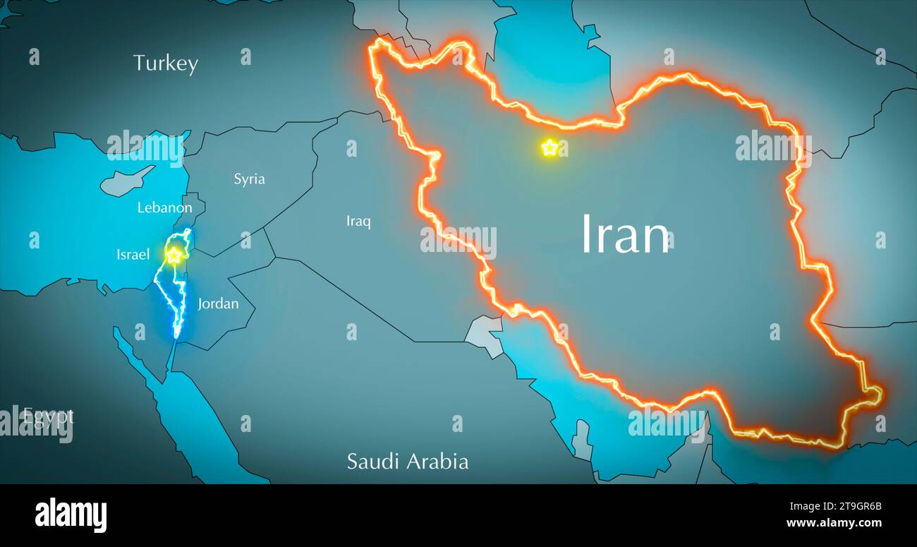 Illustrazione della mappa del Medio Oriente. Relazioni tra Israele e Iran. Crisi internazionale. Foto Stock