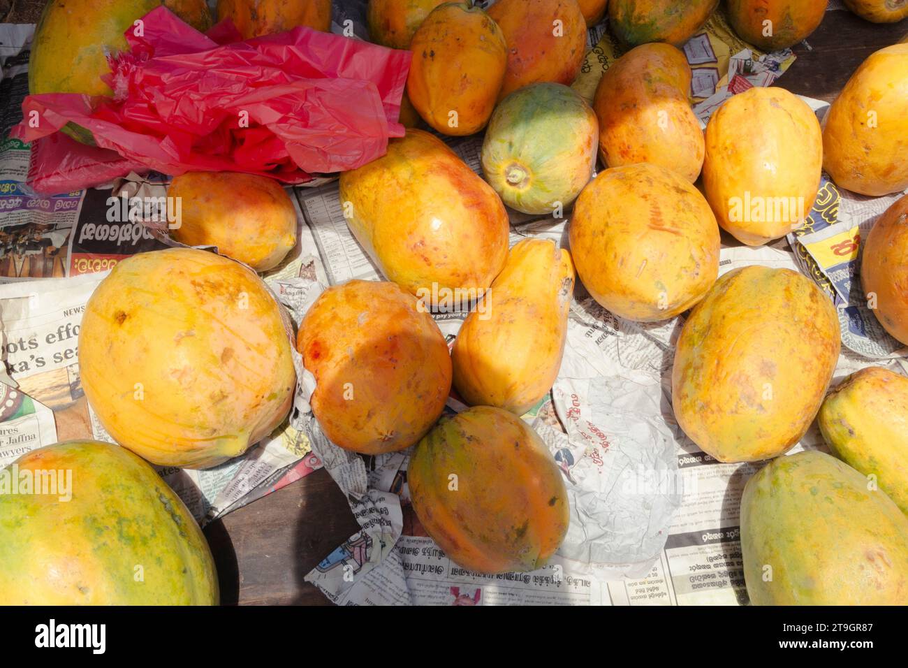 Manghi freschi in vendita al sole in una bancarella di mercato a Negombo, in Sri Lanka Foto Stock