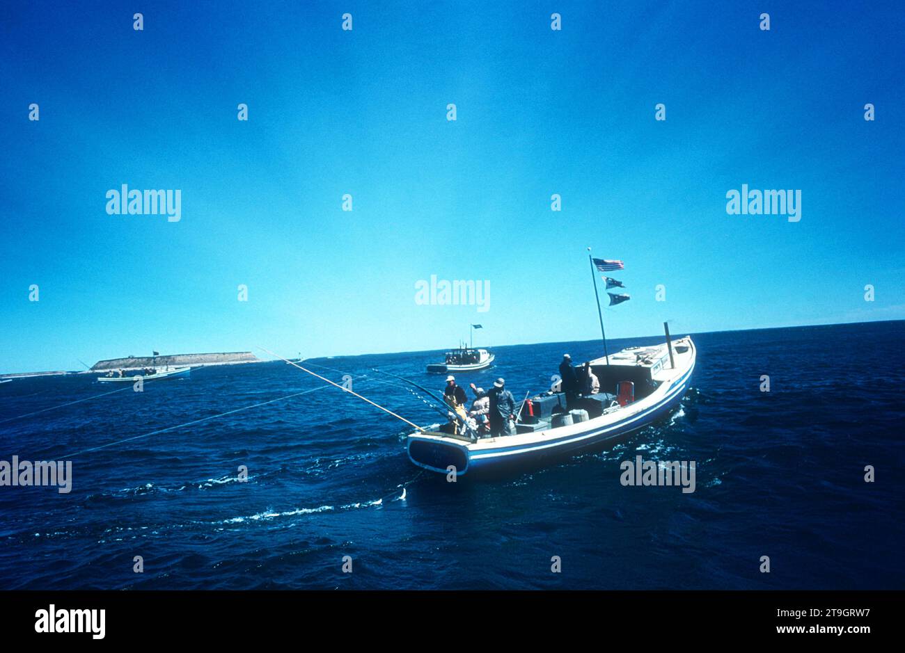 WEDGEPORT, NS - 11 SETTEMBRE: Vista generale del Benny B durante l'International Tuna Cup 1955 l'11 settembre 1955 al largo della costa di Wedgeport, nuova Scozia, Canada. (Foto di Hy Peskin) Foto Stock