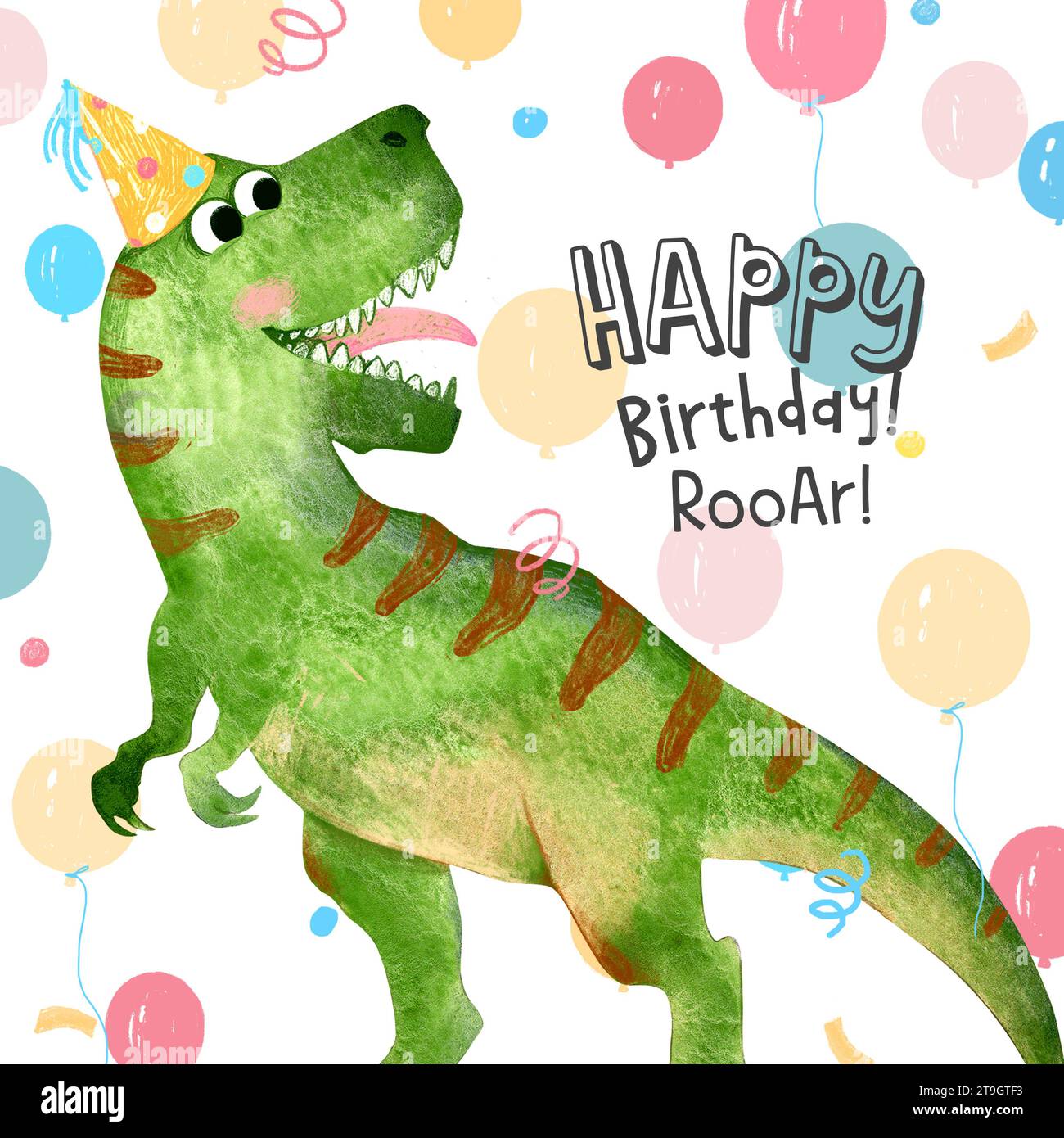 Invito alla festa di compleanno. Carino dinosauro da cartoni animati in un cappello di compleanno. Bollature sullo sfondo. Scheda Party T-Rex Foto Stock