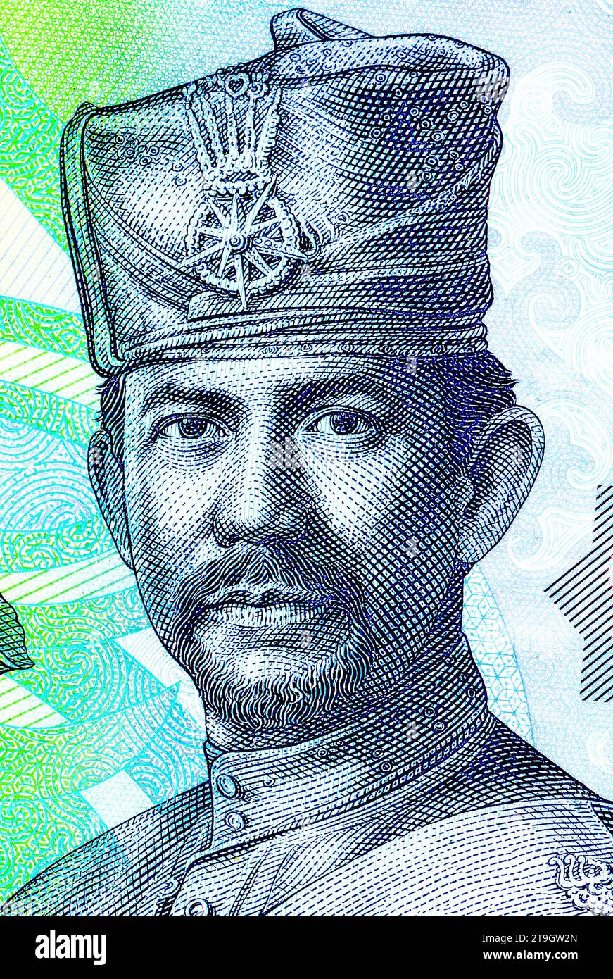 Ritratto del sultano Hassanal Bolkiah sulla banconota da 1 dollaro del Brunei. Banconota Darussalam della Banca del Brunei. Sua Maestà Sultan Haji Hassanal Bolkiah in campo militare Foto Stock