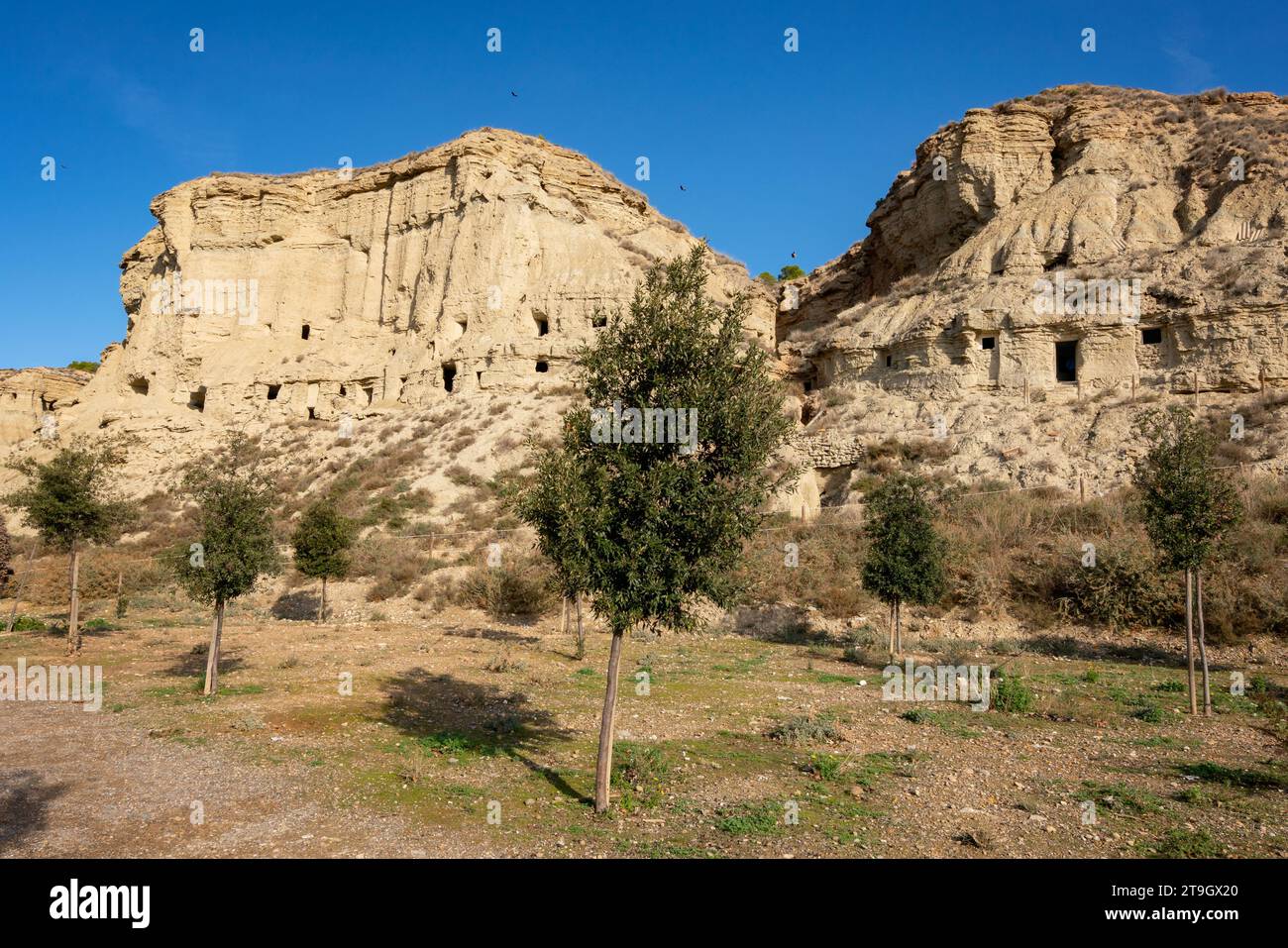 Vista panoramica delle grotte di Arguedas in Spagna Foto Stock