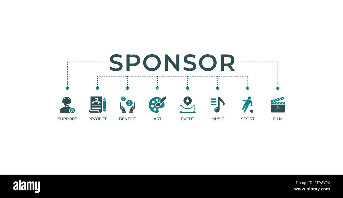 Banner sponsor web icon illustrazione vettoriale concept con icone di supporto, progetto, beneficio, arte, evento, musica, sport e film Illustrazione Vettoriale