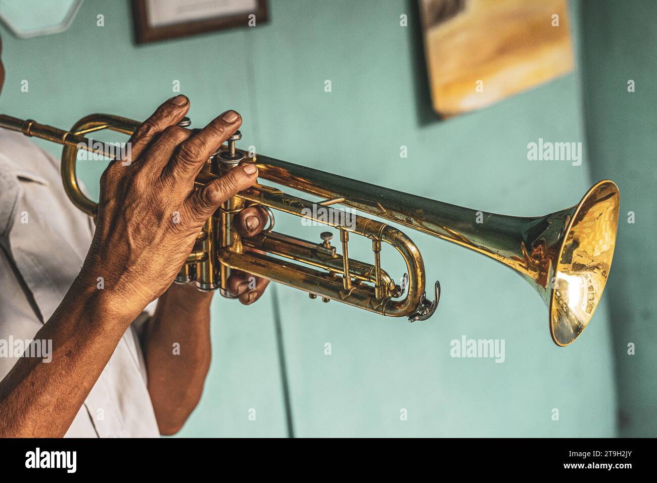 Mani con tromba, musica messicana, banda, musicista locale, Tehuacan, Messico, 2022 Foto Stock