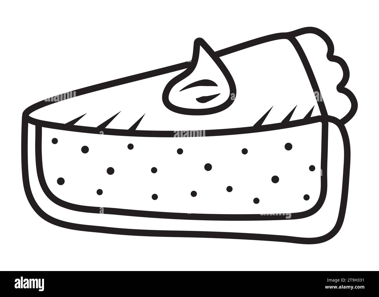 Fetta nera di torta americana, fetta di torta con contorni e panna, icona vettoriale isolata su bianco Illustrazione Vettoriale