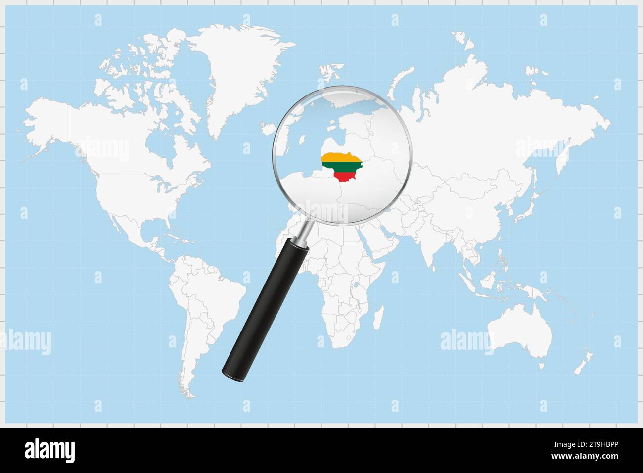 Lente d'ingrandimento che mostra una mappa della Lituania su una mappa del mondo. La bandiera e la mappa della Lituania si ingrandiscono nell'obiettivo. Illustrazione vettoriale. Illustrazione Vettoriale