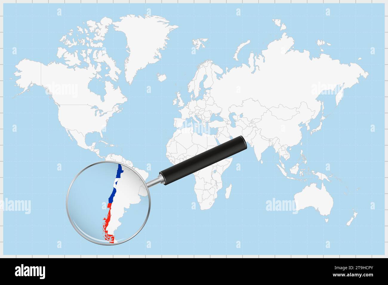 Lente di ingrandimento che mostra una mappa del Cile su una mappa del mondo. La bandiera del Cile e la mappa si ingrandiscono nell'obiettivo. Illustrazione vettoriale. Illustrazione Vettoriale