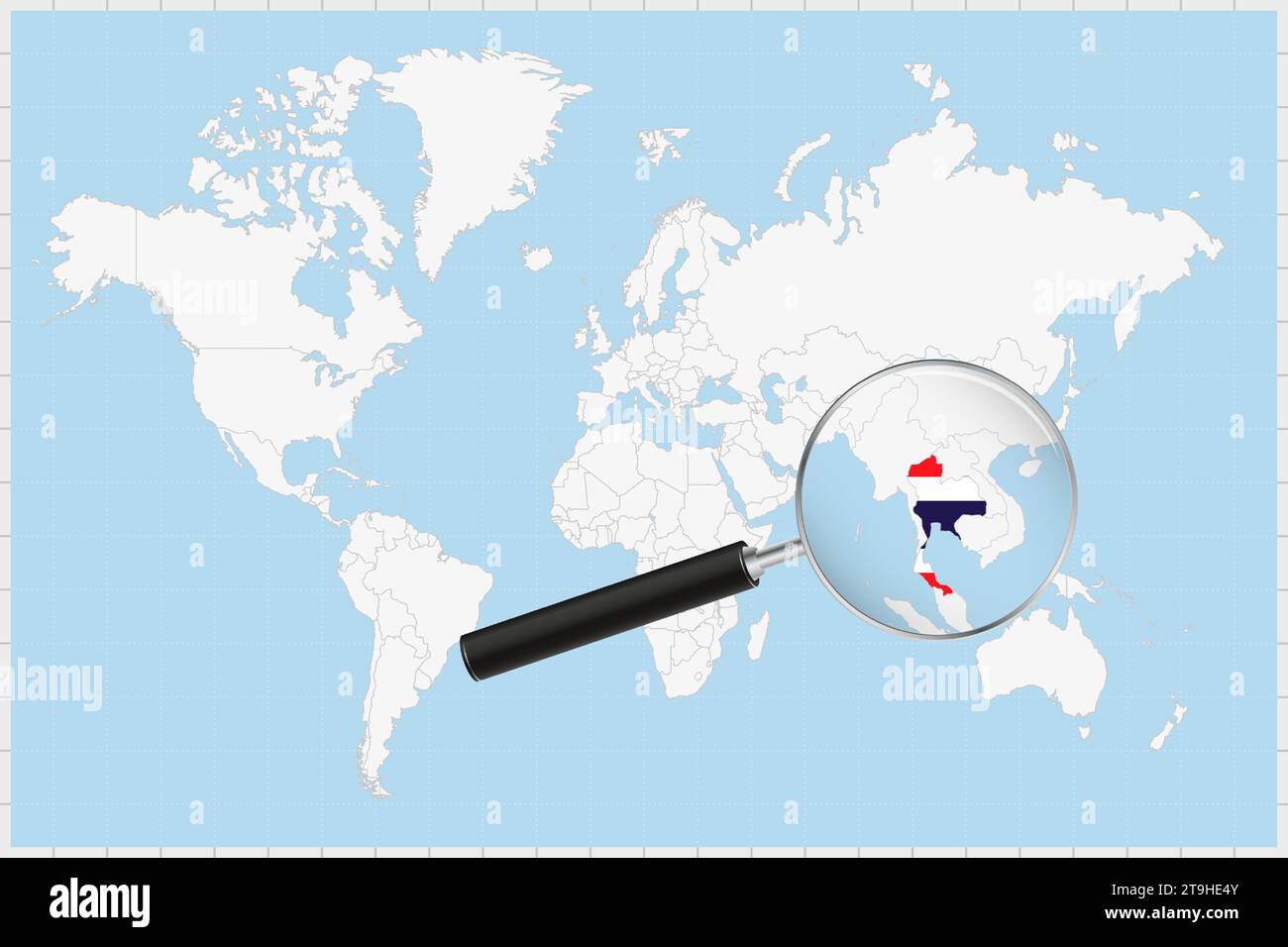 Lente di ingrandimento che mostra una mappa della Thailandia su una mappa del mondo. La bandiera e la mappa thailandesi si ingrandiscono nell'obiettivo. Illustrazione vettoriale. Illustrazione Vettoriale