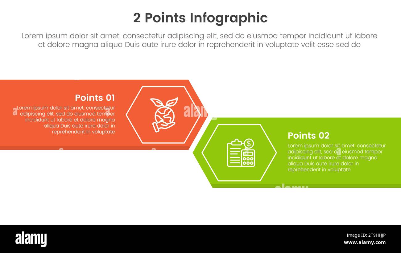 rispetto o confronto e confronto del concetto di banner modello infografico con rettangolo grande con bordo freccia ed esagono con informazioni elenco a due punti Foto Stock