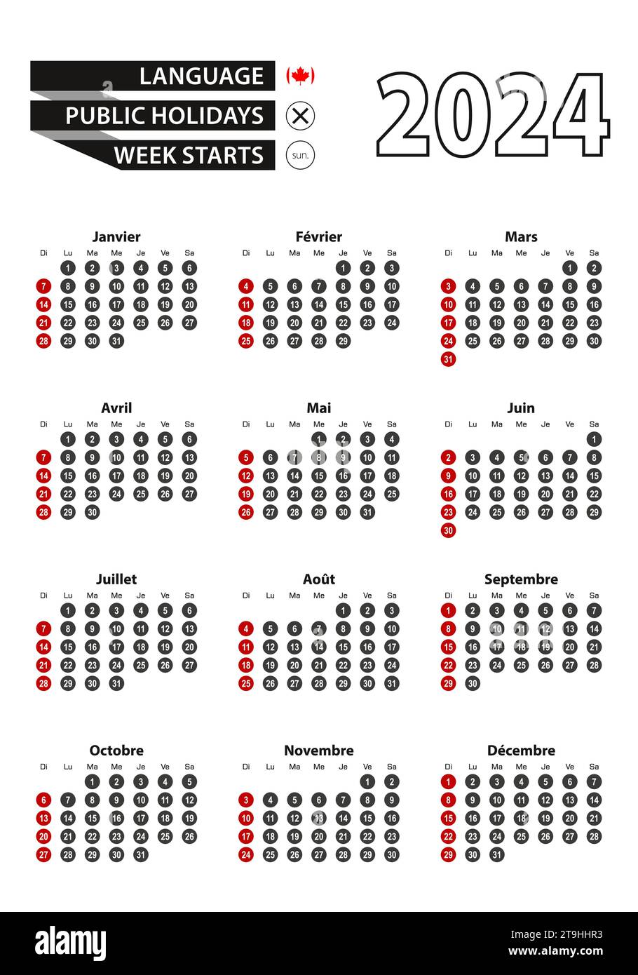 Calendario francese 2024 con numeri in cerchio, la settimana inizia la domenica. 2024 con la bandiera del Canada illustrazione vettore. Illustrazione Vettoriale