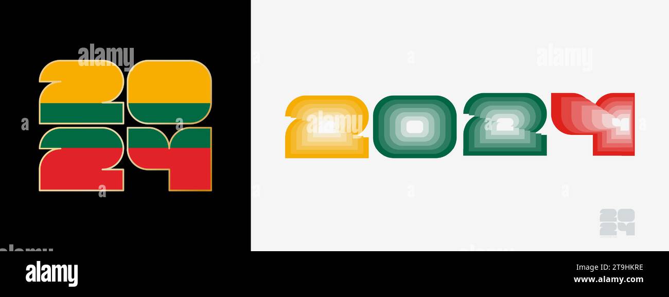 Anno 2024 con bandiera della Lituania e nel palato di colore della bandiera della Lituania. Felice anno nuovo 2024 in due stili diversi. Design del nuovo anno per Calendario, Post Illustrazione Vettoriale
