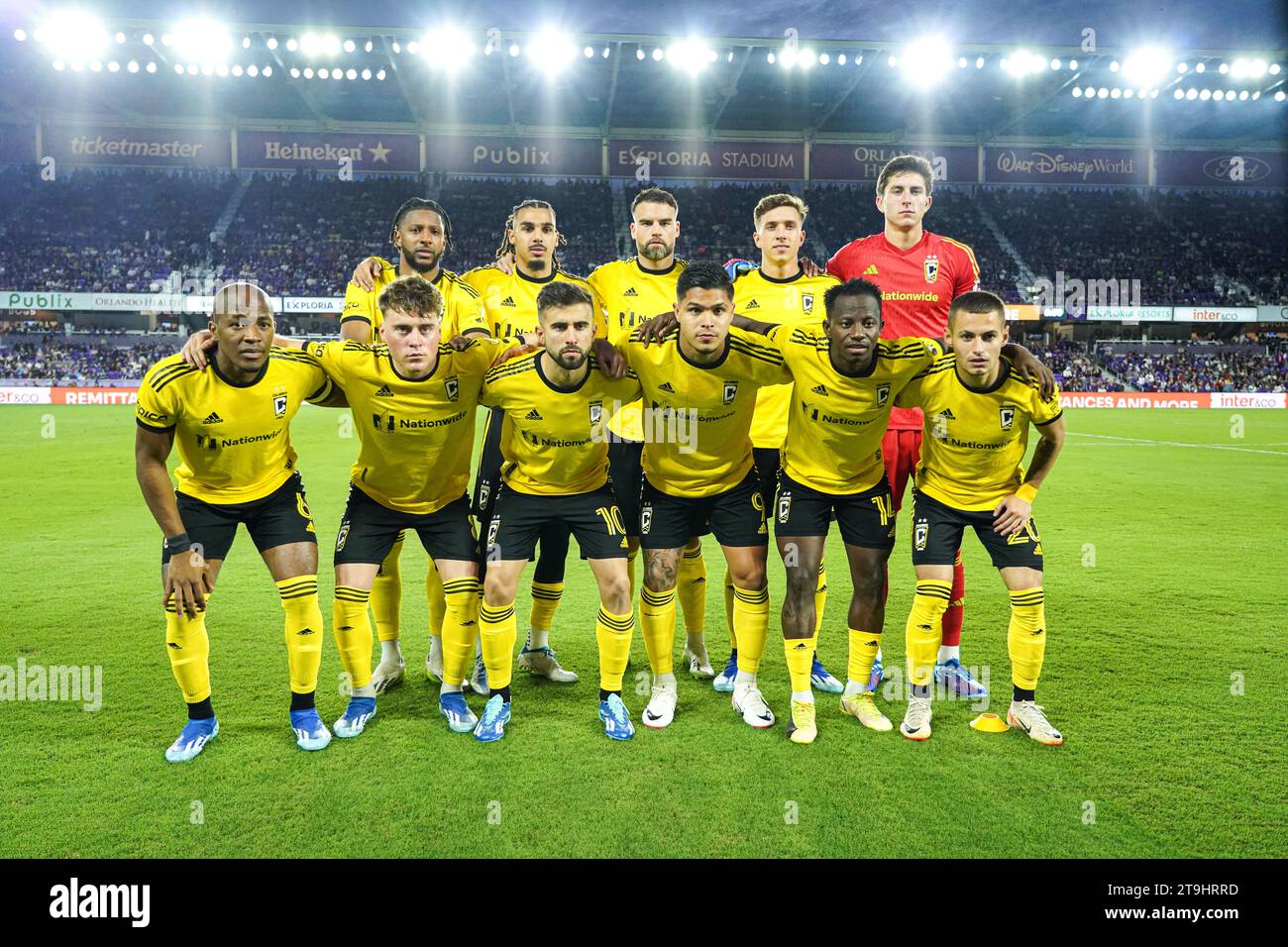 Orlando, Florida, USA, 25 novembre 2023, formazione iniziale dei Columbus Crew (Patrick Schulte, Rudy Camacho, Malte Amundsen, Steven Moreira, Mohamed farsi, Darlington Nagbe, Aidan Morris, Yaw Yeboah, Cucho Hernandez, Diego Rossi, Alexandru Matan) all'Exploria Stadium. (Foto Credit: Marty Jean-Louis/Alamy Live News Foto Stock