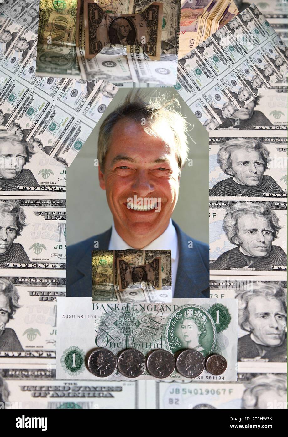 Nigel Farage. Soldi. Banche. Sono una celebrità tirami fuori di qui. Reality TV. Valuta. Commercio cittadino. Affari. Commercio internazionale. Dollaro. Sterling. Sterline. Banche. Soldi. Euro. Città di Londra. New York. USA. Regno Unito. Bruxelles. Operai colletti bianchi. Unione europea. Milioni. Foto Stock
