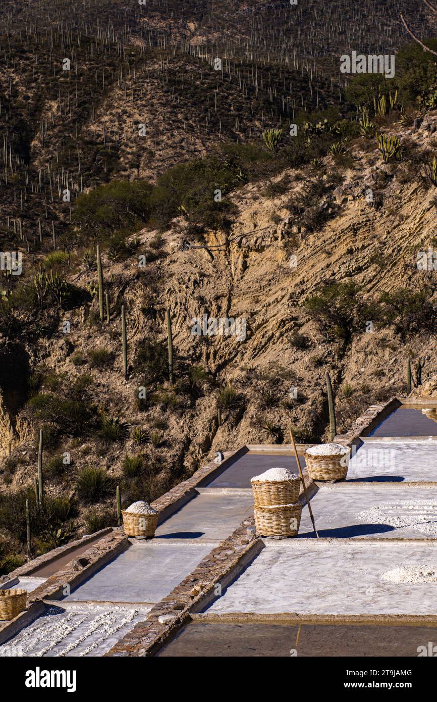 Salinas las grandes zapotlitan Salinas y capilla enterrada, estrazione del sale, distese saline, vicino a Zapotitlán, Tehuacan, Puebla, Messico, 2022 Foto Stock