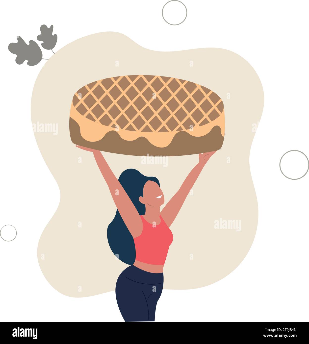 La gente passeggia e le attività preferite.donna ha cucinato una grande torta .concetto di cucina.illustrazione vettoriale piatta. Illustrazione Vettoriale
