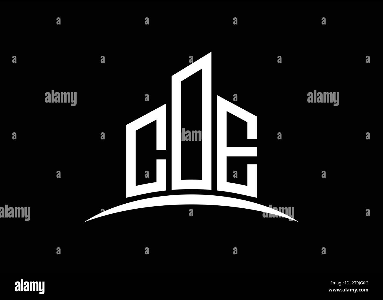 Modello di design del logo con monogramma vettoriale di costruzione lettera COE. Logo COE Building Shape. Illustrazione Vettoriale