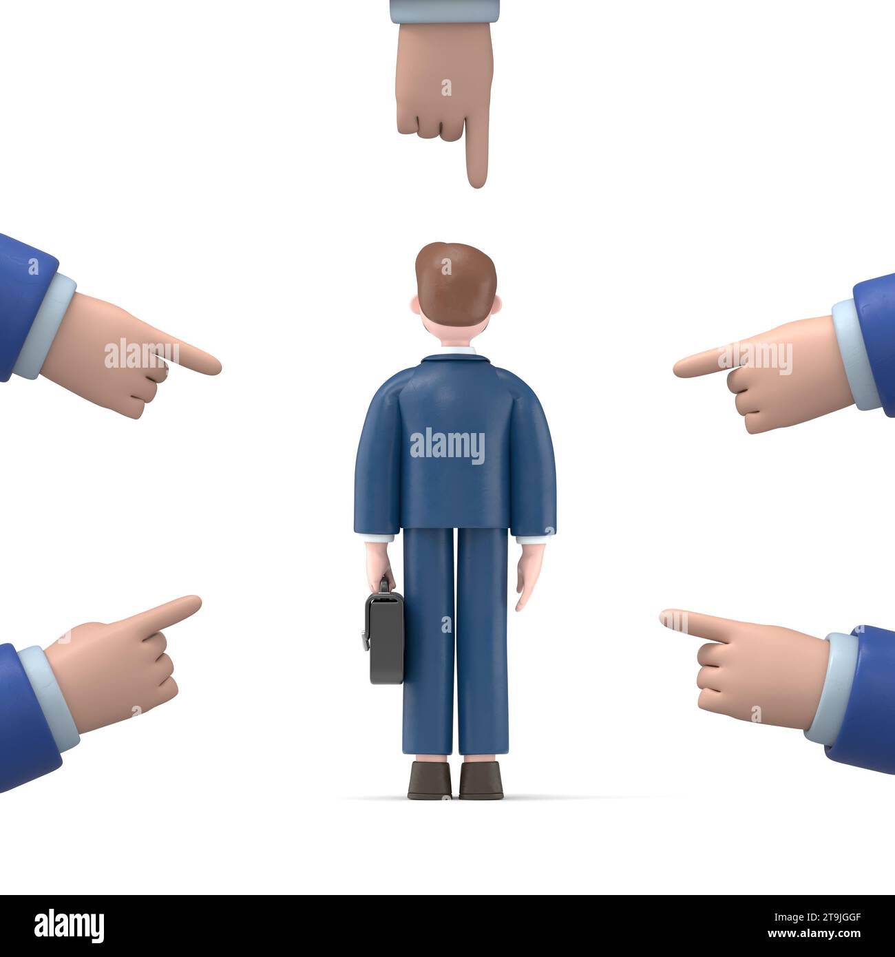 Illustrazione 3D del sorridente uomo d'affari americano barbuto Bob.accusation Concept. Triste donna d'affari. La gente punta le dita verso la persona triste. Vittima pubblica. Foto Stock