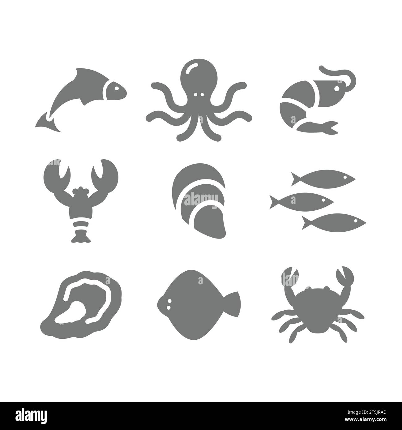 Icone vettoriali di pesce, pesce e aragosta. Mare, cibo oceanico con ostriche, polpi e cozze. Illustrazione Vettoriale