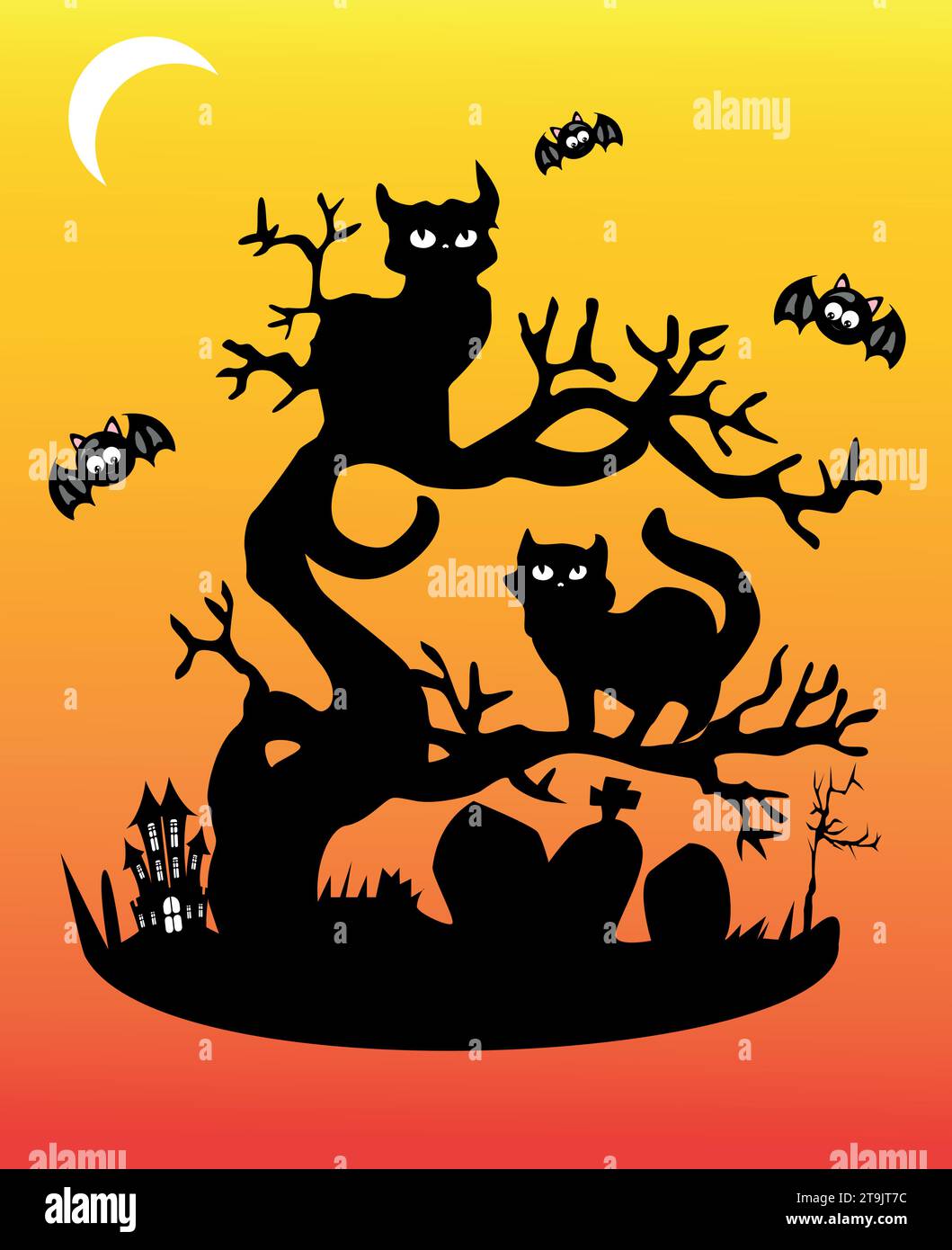 cimitero con un vecchio albero con gatti Illustrazione Vettoriale
